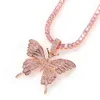 Lodowe różowe motyle wisiorka z 24 -calowym naszyjnikiem tenisowym cyrkonia biżuteria 215n
