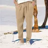 Erkek pantolon tuhaf yaz pamuk ve keten pantolon moda katı elastik bel gevşek düz bacak kapri gündelik