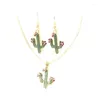 Necklace Earrings Set Charm Green Cactus Pendant Necklace/Earrings Woman Girl Gold Color Tropical Plants Red Rhinestone Flower