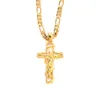 24 k Solid Fine Yellow Gold GF Mens Jesus Crucifix Cross Pendant Frame 3mm Italian Figaro Link Chain Necklace 60cm262O