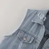 Vestes Femmes Femmes Déchiré Denim Gilet Automne Vêtements Veste Sans Manches Simple Boutonnage Court Gilets Couleur Unie Tops