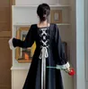 Zurück Fliege Taille Rückzug Spitze Patchwork Damen Langes Kleid V-Ausschnitt Langarm Schwarz A-Linie Kleid Prinzessin Kleidung