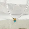 Anhänger Halsketten Bohemian Sky Blue Love Heart Zirkon Imitation Perlenkette Für Frauen Edelstahl Verschluss Gold Farbe