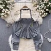 Women's Blouses Autumn Fashion Blouse For Women Neck-mounted Spaghetti Strap Off Shoulder Plaid Skinny Shirts Versatile Chic Tops Drop