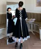 Zurück Fliege Taille Rückzug Spitze Patchwork Damen Langes Kleid V-Ausschnitt Langarm Schwarz A-Linie Kleid Prinzessin Kleidung