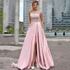 Blommig rosa prom klänning prinsessan sida slits o-hals ärmlös en linje spets applikation hemkomst examen formella aftonklänningar