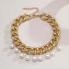 Punkimitation Pearl Pendant Necklace Curb Cuban Thick Link Chain Halsband Choker för kvinnor flickor smycken gåvor charm316z