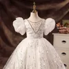 Ball Gown Princess Flower Girl Dresses For Wedding Pearls Beaded Crystal Christening Baptism Appliqued Pageant Gowns Shiny Tulle First Holy Communion Dress 403