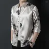 Camicie casual da uomo Abiti in raso liscio bianco nero per abbigliamento moda uomo Taglie grandi Seta Elegante uomo lavoro fiori Camicetta elegante