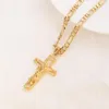 24 k Solid Fine Yellow Gold GF Mens Jesus Crucifix Cross Pendant Frame 3mm Italian Figaro Link Chain Necklace 60cm262O