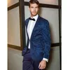 Men's Suits Navy Blue Men Suit 2 Pieces Jacquard Blazer Pants One Button Peaked Lapel Tuxedo Business Modern Wedding Groom Costume Homme