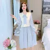 Work Dresses Lady Suit 2023 Spring Summer Two Piece Set Female Floral Chiffon Dress And Knitted Vest 2 Student 2PCS