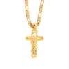 24 k Solid Fine Yellow Gold GF Mens Jesus Crucifix Cross Pendant Frame 3mm Italian Figaro Link Chain Necklace 60cm262O