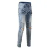 Calças de brim de motociclista de remendo rachado masculino streetwear plissado retalhos estiramento denim calças buracos rasgados angustiado magro cônico calças