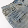 Calças de brim de motociclista de remendo rachado masculino streetwear plissado retalhos estiramento denim calças buracos rasgados angustiado magro cônico calças