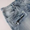 High Street Fashion Men's Jeans Retro Blue Elastic Slim Fit Destroyed Ripped Biker Jeans Män Pleated Patch Designer Brand Hip Hop Pants