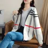 Cardigan tricoté à carreaux et rayures pour femmes, pull classique de luxe, décontracté, manches longues, manteau, veste à capuche avec fermeture éclair, 2023