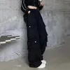Jeans femininos rimocy preto multi-bolso solto mulher streetwear retro hip-hop calças largas mulher em linha reta de cintura alta feminino