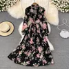 Casual Dresses ftlzz Autumn Winter Women Stand Collar Button Pleated Dress Ruffled Chiffon A-line Lady Midi Floral Print