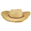 Brede rand hoeden mode cap unisex gevederde rand natuurlijke stro cowboy zon hoed heren dames 1320y