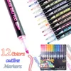 8/12 Renkler/Set Çift Çizgi Anahat Sanat Kalem Floresan Glitter Marker Kalem Kart Yapma Doğum Gelirimi Resim