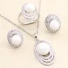 Necklace Earrings Set 925 Silver Bridal Natural White Zircon With Pearls Beads For Women Wedding Pendant Ring