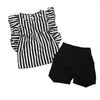 Tench Coats Toddler Kids Baby Girls Outfit Clothes Striped T-shirt Tops Shorts Pants Set