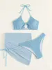 Damen-Badebekleidung, strukturierter, ringförmiger Neckholder-Bikini, mikrogerippter Badeanzug mit hoher Taille und Strand, 3-teiliger Netzrock 221231