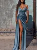 Casual Dresses Solid Women Off Shoulder Strap Satin Maxi Dress Side Slit Ruched Patchwork Bodycon Sexig Prom Party Elegant Evening