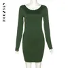 Work Dresses BoozRey Sexy Open Back Long-sleeve Dress Green Slash Neck Backless Fashion Clash-color Mini Women Party Club Streetwear