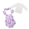 Ensembles de vêtements Flofallzique 2023 printemps automne coton blanc haut à manches longues et barboteuse à fleurs violettes costume de fille née