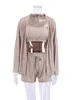 Vêtements de nuit pour femmes Hiloc Ice Soie Côtelée Pyjama Ensemble Femme 3 Pièces Marron Simple Boutonnage Maison Costume Spaghetti Strap Crop Top Avec Short 2023