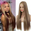 Hot Lace Wigs Brown Highlight Long Straight Synthetic 99j Grey Blonde Color Wavy Hair for Women 26inch Fxks 221216