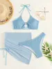 Damen-Badebekleidung, strukturierter, ringförmiger Neckholder-Bikini, mikrogerippter Badeanzug mit hoher Taille und Strand, 3-teiliger Netzrock 221231