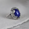 Bagues de cluster FNJ 925 Argent Lapis Lazuli Véritable Original S925 Solide Prue Bague Pour Femmes Bijoux Vintage Fleur Romantique