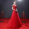 Ethnic Clothing Bridal One Shoulder Toast Dress Spring Long Fishtail Red Velvet Banquet Temperament Evening Skirt Women's Sleeves