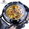 Forining Royal Flower Carving Gear Golden Beweging Echt lederen Romeins nummer Bezel Mens Mechanische horloges Top Brand Luxury296a