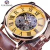 Forining Classic Retro Design Skelet Golden Romeins nummer Bruin lederen heren Mechanisch horloge topmerk luxe automatisch horloge351n