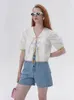 Nicho francês de nicho francês 2023 Lace de coloração de verão Up Manga de camisa curta de bolha retro Mulheres