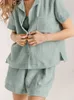 Kvinnors sömnkläder Hiloc Cotton Home Suit For Women Lapel Nightwear Single Breasted Pyjamas Set With Shorts Pure Color Pocket