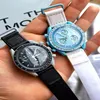 Biyokeramik Moonswatch İsviçre Quqrtz Kronograf Mens SO33G100 MISION TO Earth 42mm Gerçek Yeşil Seramik Mavi Kadran Naylon Kayış 2759