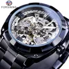 Forining Men Skeleton Automatisch mechanisch horloge zwart transparante tandwiel roestvrijstalen band vintage horloges voor man jurk cadeau240i