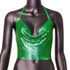 Débardeurs pour femmes Sexy Y2k Halter Vert Strass Crop Top Femmes Summer Party Clubwear Débardeur Vintage Vêtements Dos Nu Recadrée Femmes Tube Tops