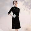 Vêtements Ethniques Cheongsam Robe Traditionnelle Chinoise Femmes Vintage Noir Manches Mi-longues Robes Courtes Chine Style Vêtements Soirée Costume De Mariage