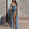 Casual Dresses Solid Women Off Shoulder Strap Satin Maxi Dress Side Slit Ruched Patchwork Bodycon Sexig Prom Party Elegant Evening