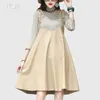 Casual Dresses Novmoop Designer Double Strip Genuine Leather Women Flare Dress Sweet A Line Style Robe En Cuir LT3458