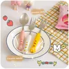 식기 세트 Kids School을위한 Kawaii Duck Spoon Fork Cutlery 세트 귀여운 한국 휴대용 여행 스테인레스 스틸 식탁 주방기구