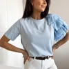 Blouses Femme Chemisier Femme Couleur Unie Couches Volants Manches Courtes Col Rond Été Col Rond Plis T-shirt Simple Tops Pull Streetwear