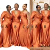 Bruidsmeisjesjurken Mermaid Afrikaans oranje plus size nigeria meisjes zomer bruiloft gast jurk sexy v nek lange bruidsmeisje jurken sweep trein 0424