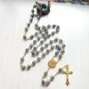 Collane con ciondolo Diyalo Religioso Rosa blu Perline di preghiera Collana con rosario con strass San Benedetto Medaglia Crocifisso Croce Gioielli